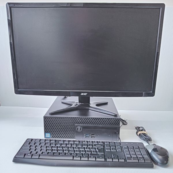 Refurbished Dell OptiPlex small desktop with an Acer monitor, keyboard and mouse